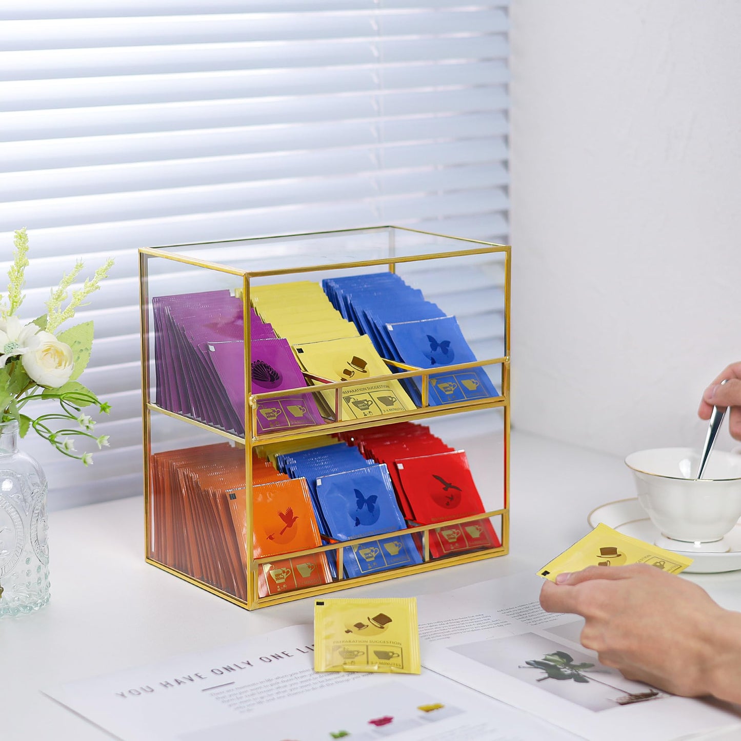 REDHUGO Glass Tea Bag Organizer for Counter, 2-Tier Teabag Organizer Storage Holder for Tea Bags, Glass Caddy Box Containers, Rack Teabag Station Stand for Cabinet Kitchen, 2-Tier, Gold