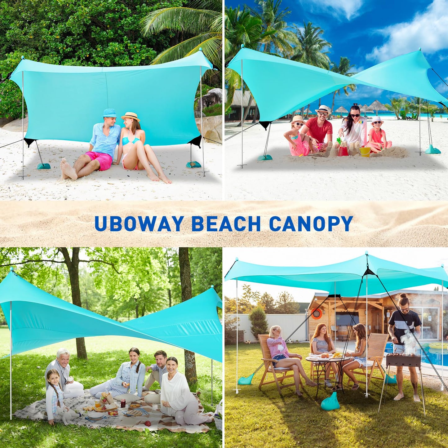 Beach Tent, Camping Tent UPF50+ with 8 Sandbags, Beach Essentials for 6-12 Persons, Beach Shade Canopy with Stability Poles and Big Ground Pegs, Pop Up Canopy for Camping, Picnics, 10X10FT Turquoise