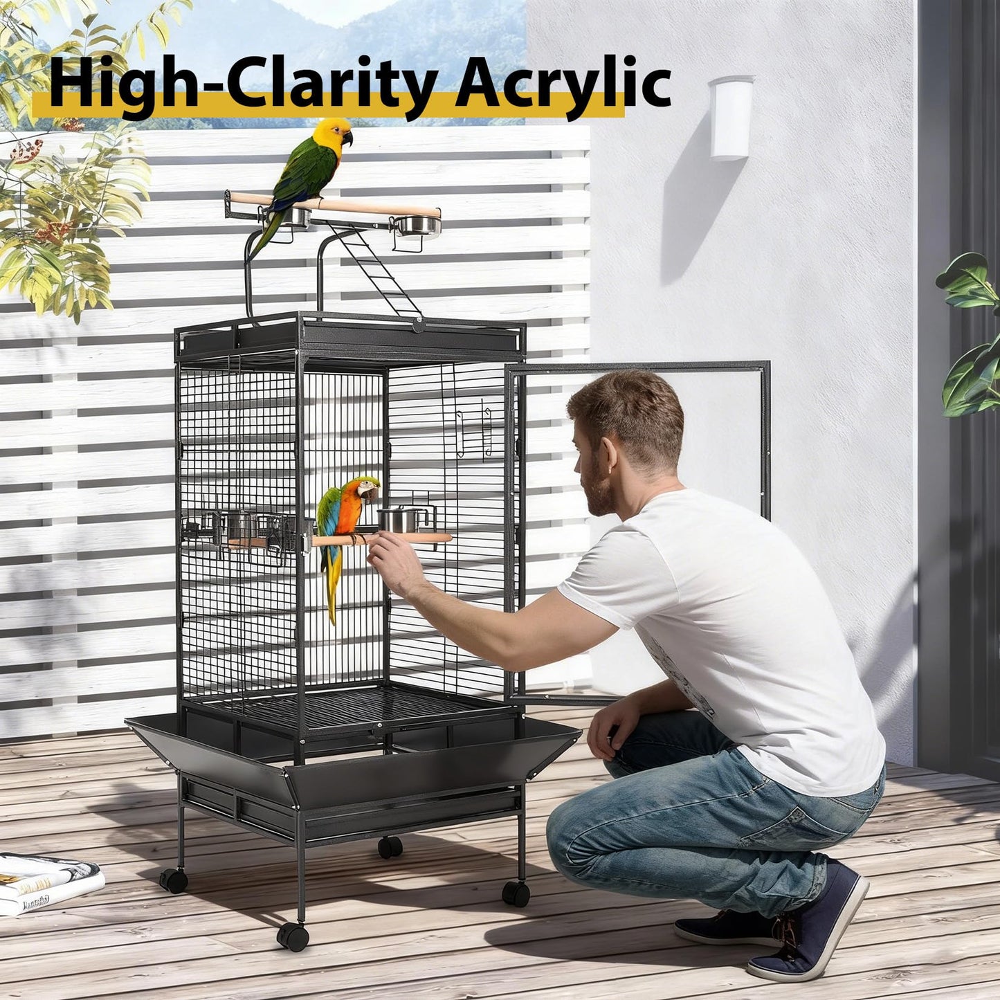 64.4" Tall Large Bird Cage, Metal Parrot Cage with Play Top, Rolling Stand & Bowls - Bird Aviary for Parrots, Conures, Cockatiels, Parakeets, Indoor Outdoor Aviary for Outside Porch Yard Garden