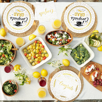 Whaline Graduation Party Supplies Set - 175 Pcs Disposable Tableware for 25 Guests | Gold Congrats Grad Plates, Napkins & Cutlery