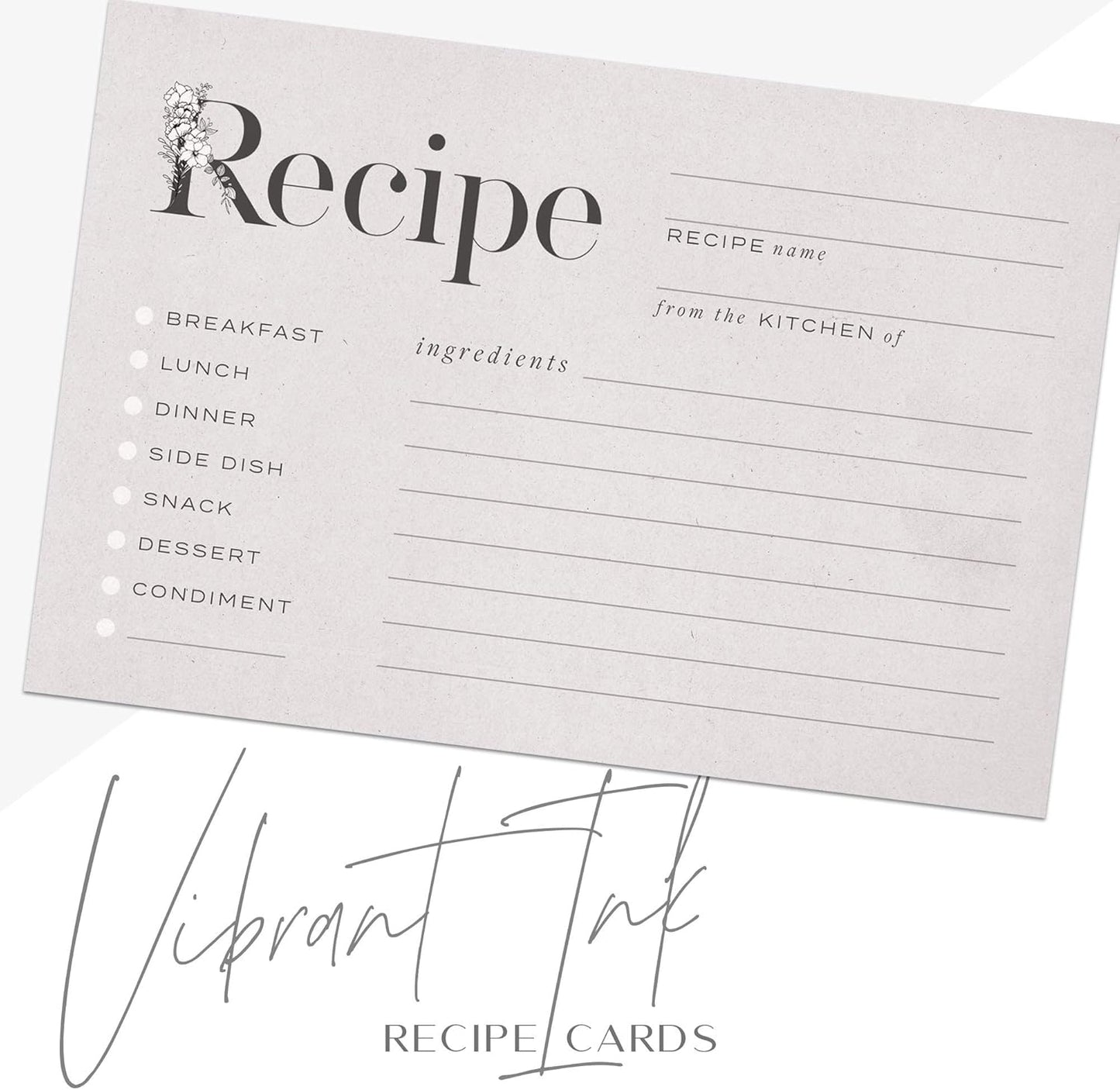 Rustic Vintage Floral Recipe Cards: 48 Cards, 4x6 inches, Beige-Grey, Water-Resistant and Double-Sided