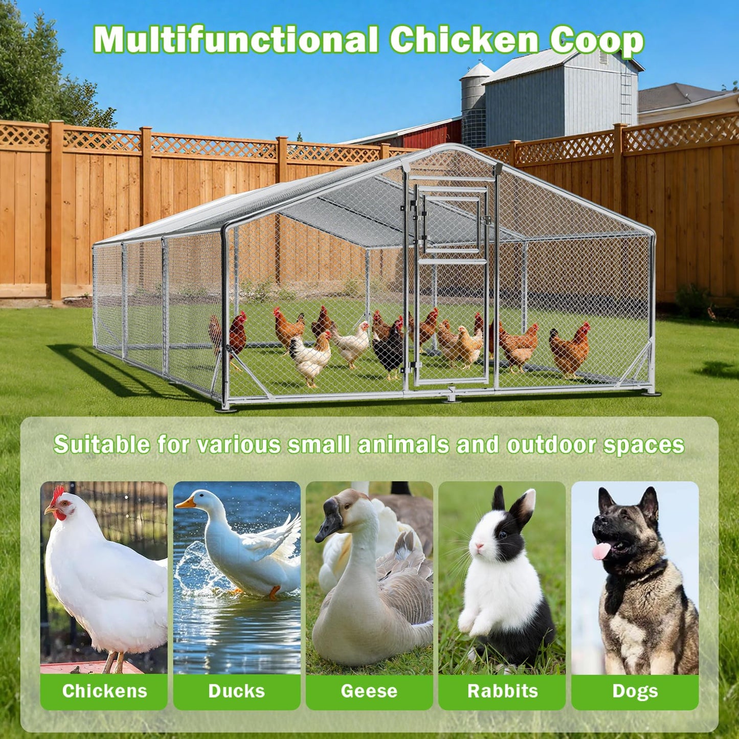 10x20FT Metal Chicken Coop, Large Chicken Run with Dutch Door Chicken Perch, and 2 Cover, Walk in Duck Coop for Backyard Poultry and Pet Farming