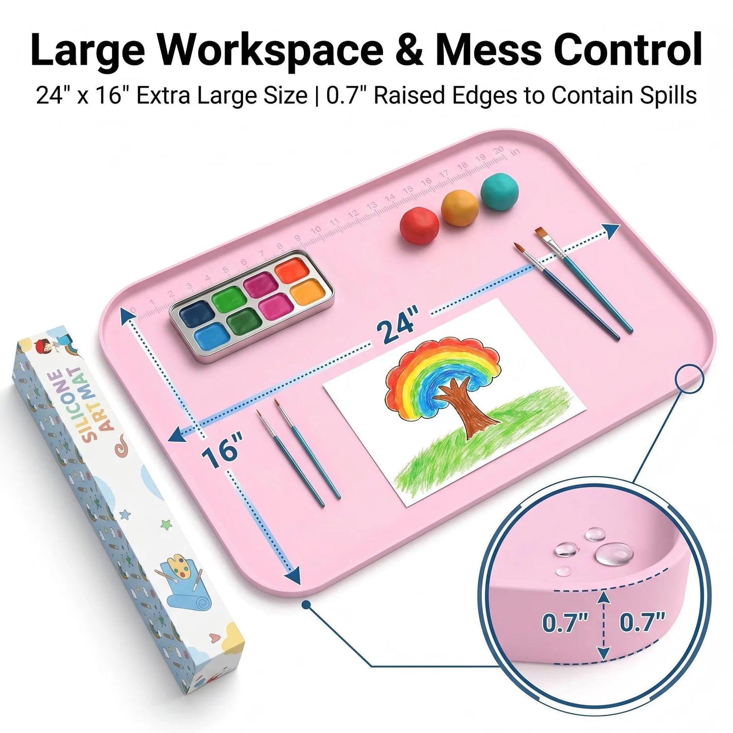 AWOKE 24"x16" Silicone Mats for Crafts with 0.7" High Edges, Large Leak-Proof Art Mat for Playdoh, Resin, Painting, Clay, Slime,Beads, Lego, Puzzle, Non-Stick & Non-Slip Table Protector for Kids, Pink