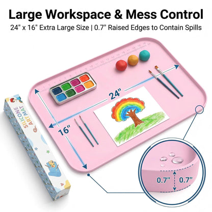 AWOKE 24"x16" Silicone Mats for Crafts with 0.7" High Edges, Large Leak-Proof Art Mat for Playdoh, Resin, Painting, Clay, Slime,Beads, Lego, Puzzle, Non-Stick & Non-Slip Table Protector for Kids, Pink