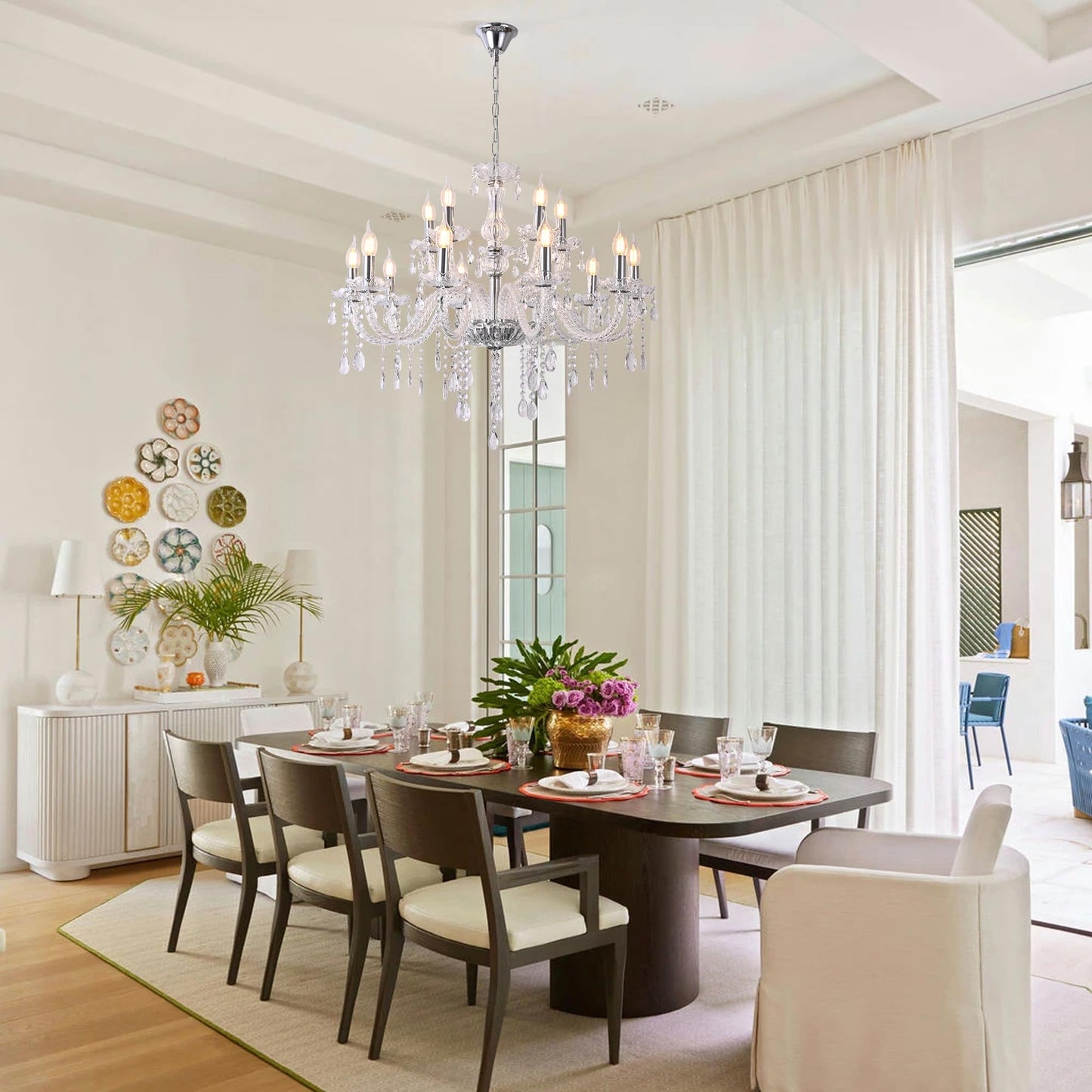 MALOSA Large Clear Crystal Chandeliers,30.7" Large Chandelier for Dining Room,Living Room,Bedroom,Hallway,High Ceilings Wedding Party 15 Lights