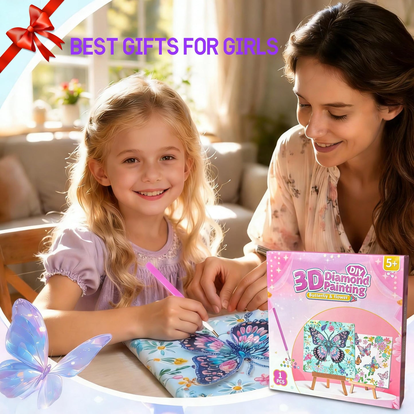 Arts and Crafts for Age 8-12, Framed Canvas Diamond Art Kits for Adults, Butterfly Diamond Art with Wooden Triangle Easel, Diamond Painting for Beginners, Birthday Gifts for Women, Gifts for Girls 6-8
