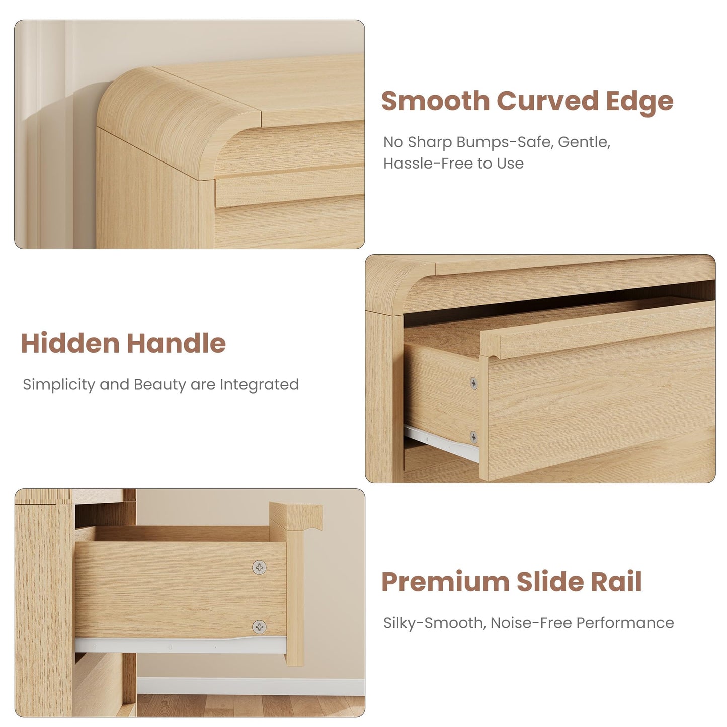 Garvee 5 Drawer Dresser for Bedroom, 45" Tall Wooden Dressers with Curved Profile Design, Mid Century Chest of Drawers Closet Clothes Storage Organizer for Living Room, Entryway, Nursery, Natural