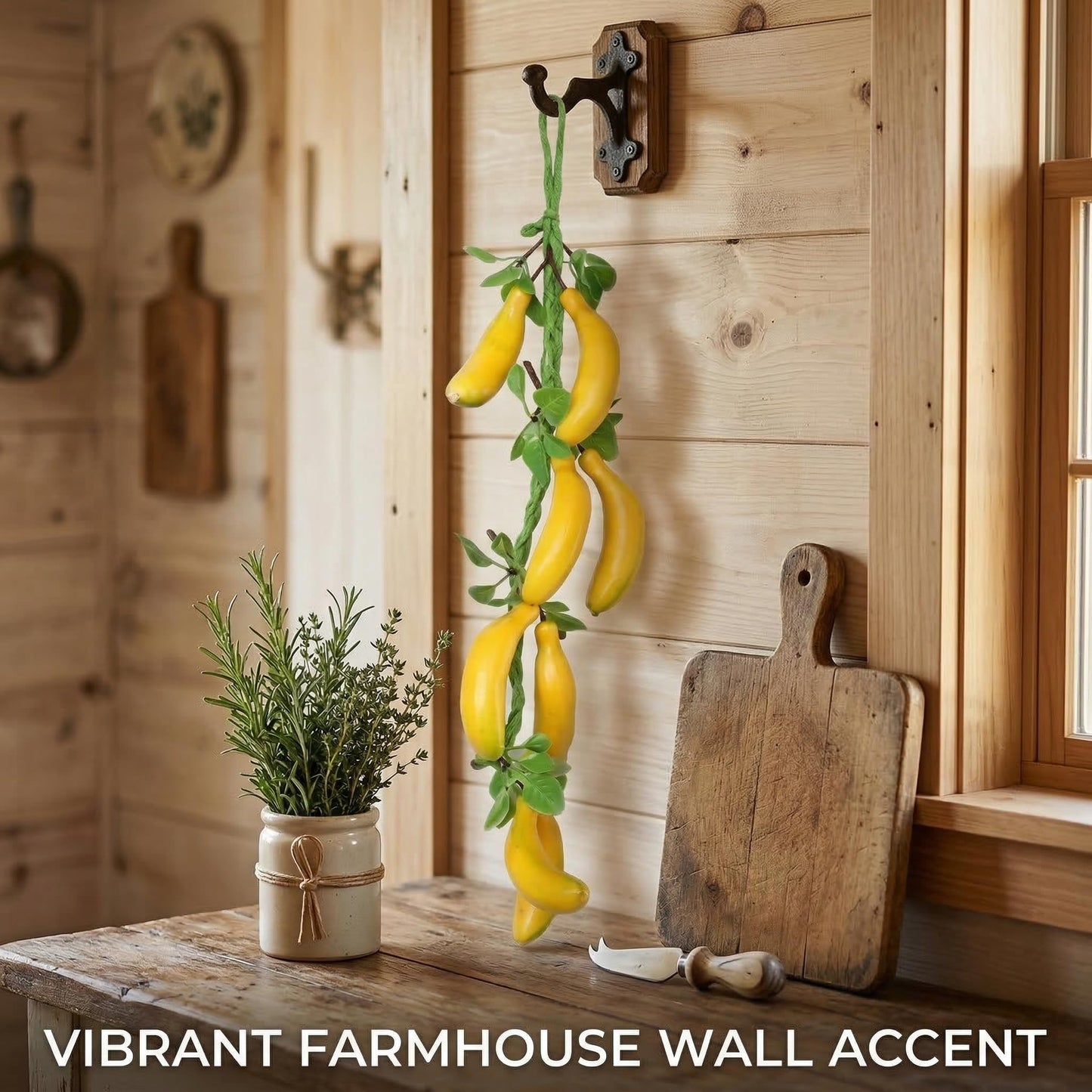 Veemoon 2pcs Artificial Small Hanging Bananas Bunch, Farmhouse Wall Fake Fruit Decoration Artificial Bananas String Lifelike Foam Tropical Fruit Ornament for Home Shop Window Display Props, 23.19"