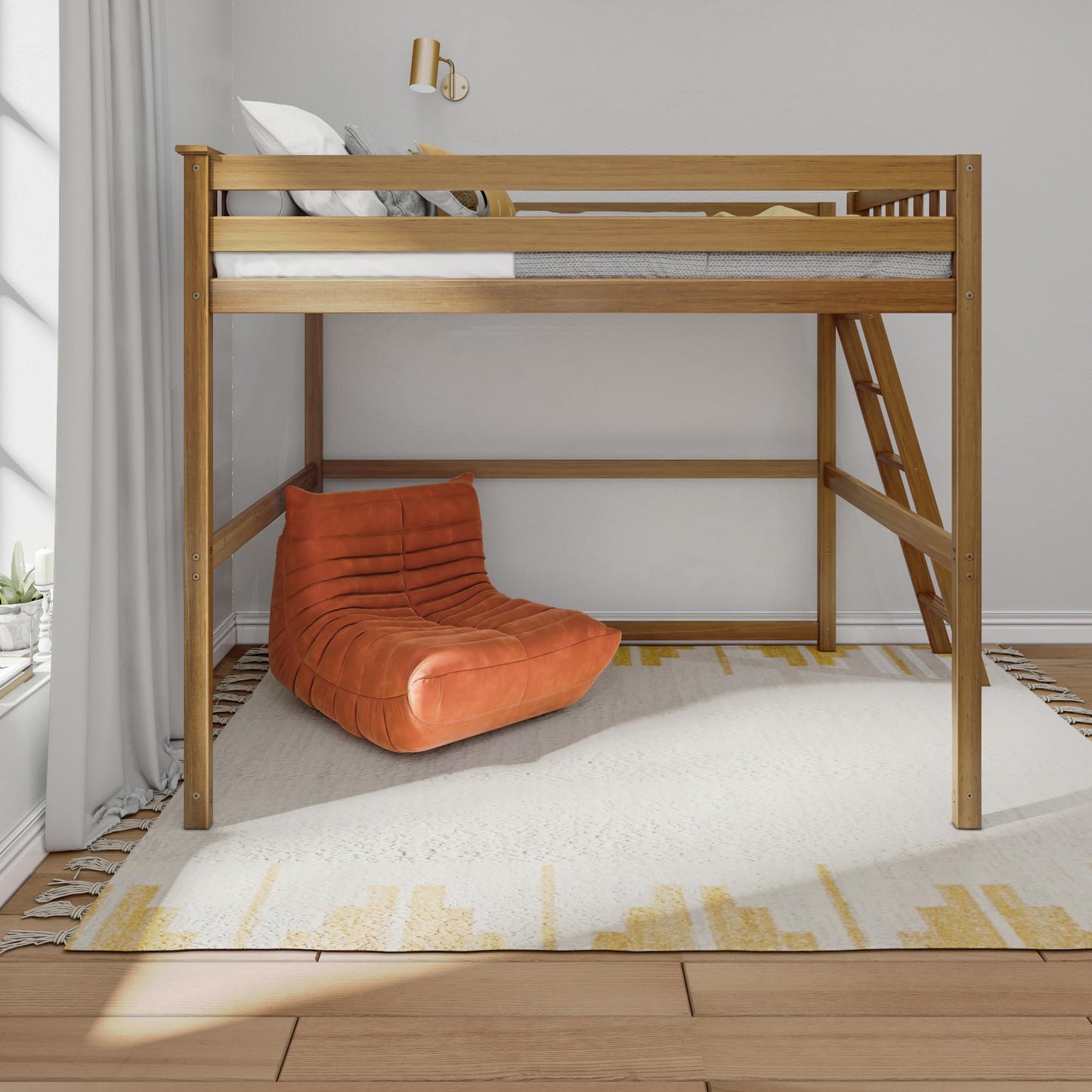 Max & Lily Full Size High Loft Bed with Ladder on End, Pecan, Solid Wood Modern Bed Frame for Kids/Teens, Pine, Non-Toxic Finish, 400 lb. Weight Capacity, Easy Assembly