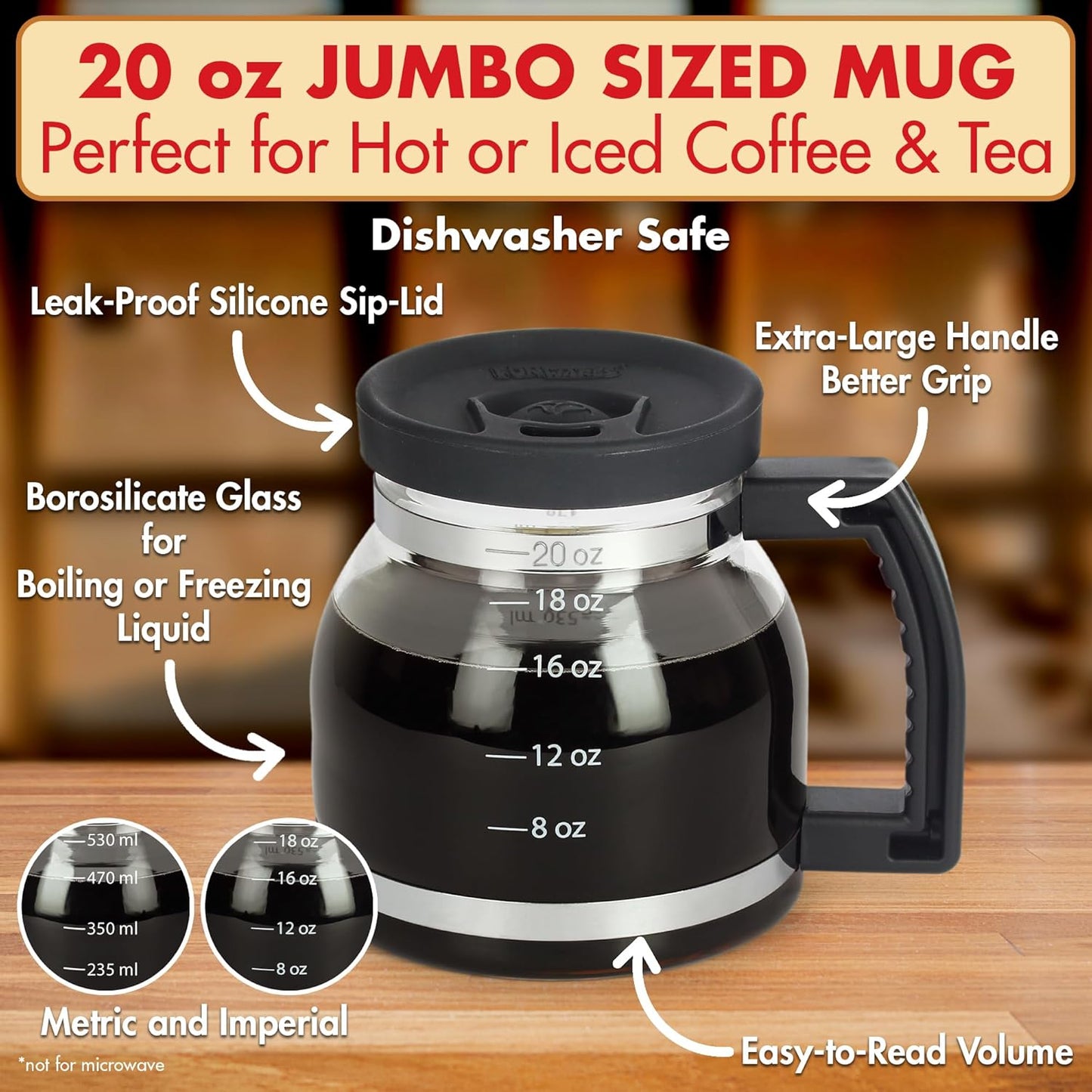 20oz Cupa Joe Coffee Mug Borosilicate Glass Diner Pot Mug with Spill-Proof Lid Funny Novelty Gift for Coffee Lovers