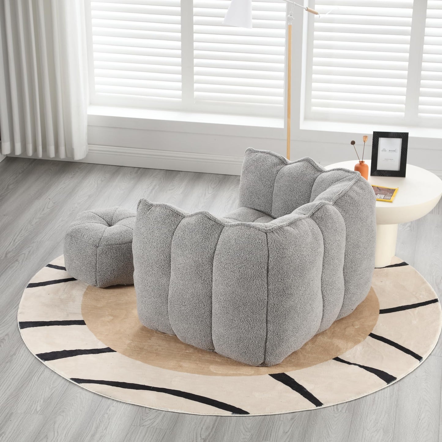 Plush Grey Chenille Bean Bag Chair for Adults | Large Comfy Lounger with Footstool | Ideal for Living Room, Bedroom, Gaming, Reading | 41"x32"x25"