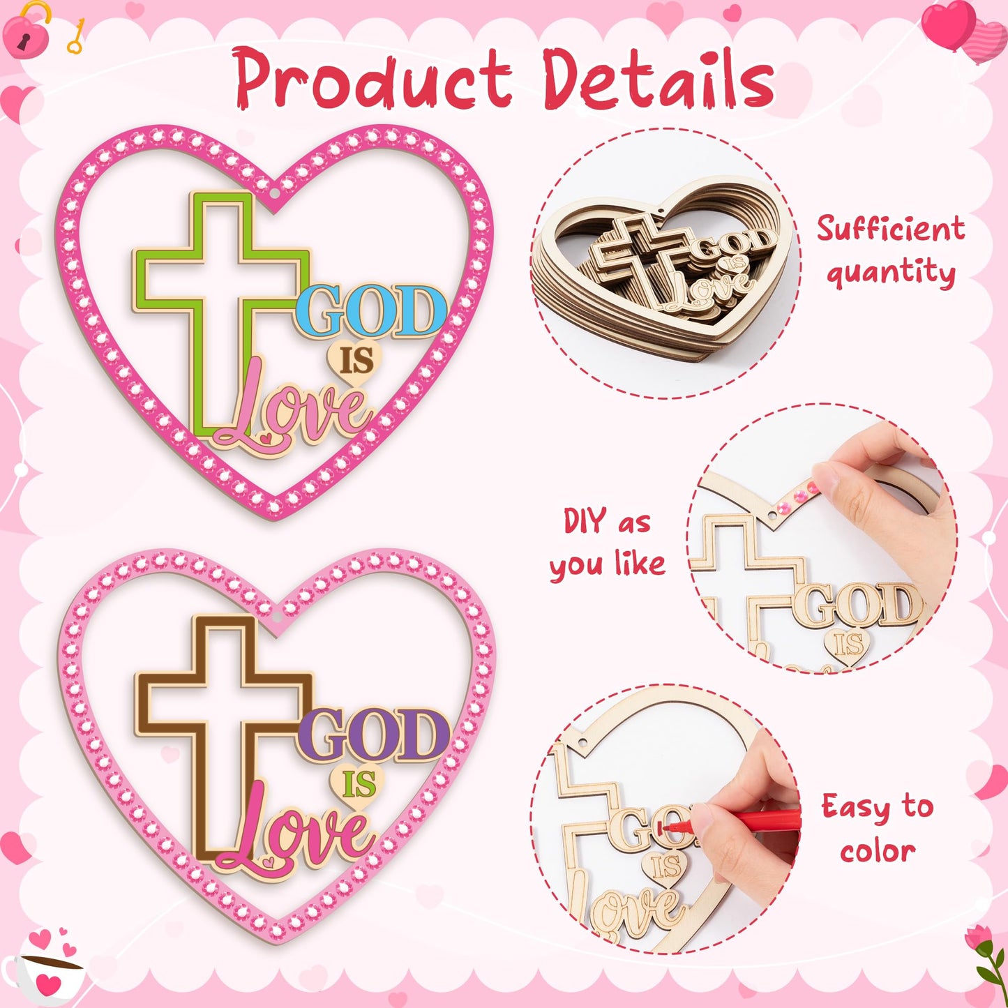 BeYumi Valentines Wooden Ornament Craft - 20Pcs Valentine's Day DIY Wooden GOD is Love Ornaments Craft Kit for Kids Make Your Own Religious Cross Decor with Gem Stickers Church School Party Supplies