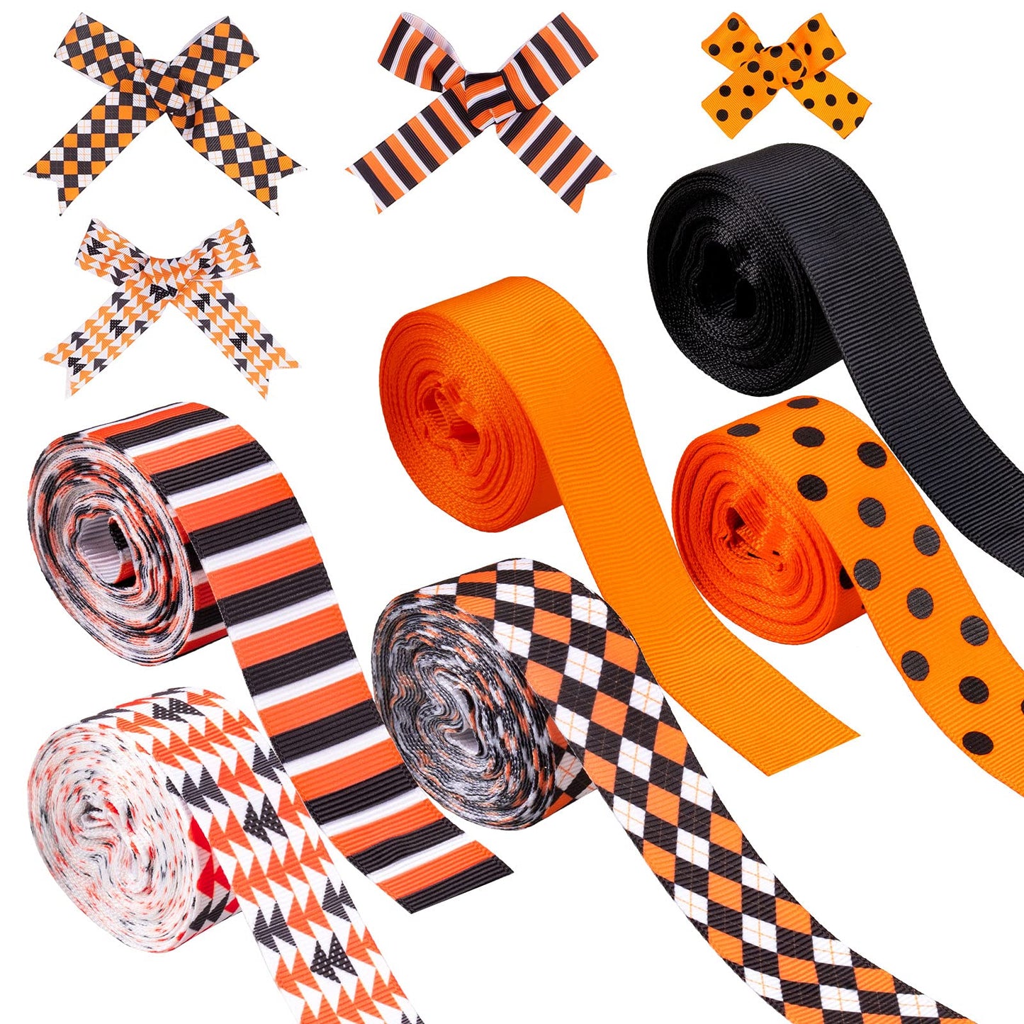 Whaline 6 Roll Halloween Grosgrain Ribbon Geometric Dot Gift Wrapping Ribbon 30 Yard Orange Black White Holiday Craft Ribbon for Halloween Party Decoration Sewing Bow Craft Gift Wrapping