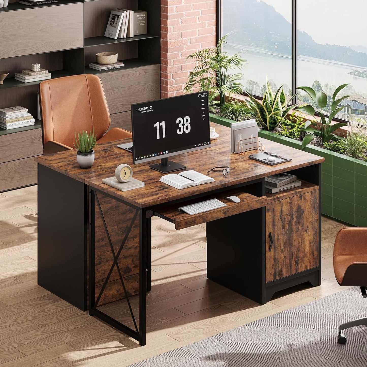 Bestier Office Desk - 47 Inch Industrial Computer Desk with Keyboard Tray & File Cabinet | Rustic Brown