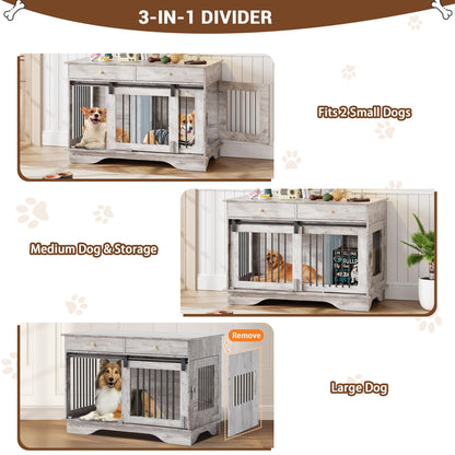 IDEALHOUSE 47'' Dog Crate Furniture,Indoor Wooden Dog Kennel with 2 Storage Drawers,4 Doors and Large Tabletop,Decorative Pet House for Large, Medium, and Small Dogs(Grey)