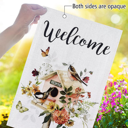 Welcome Floral Bird Garden Flag, 12x18 Inch Double Sided for Outdoor Yard Home Decoration