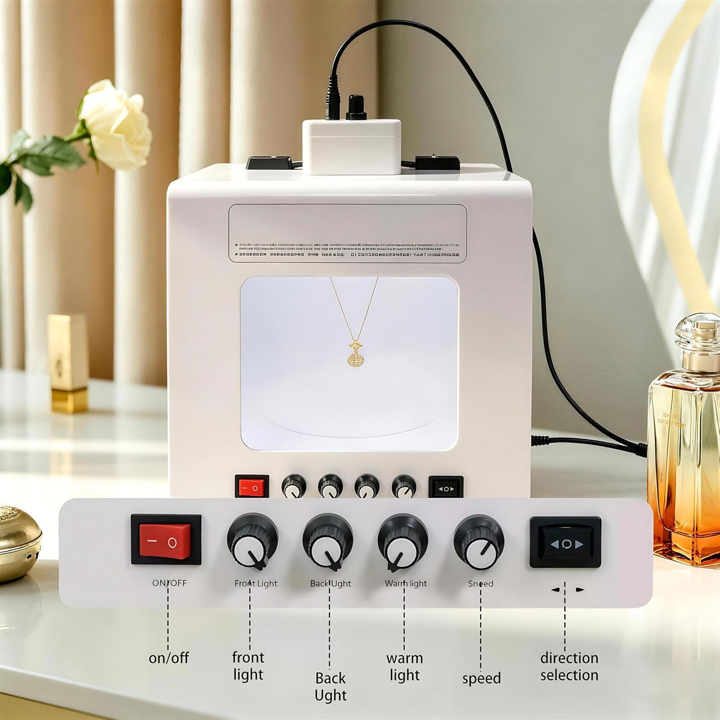QIUNAOZI Adjustable Turntable Premium Photo Studio, Professional Jewelry Photography Light Box Kit, Hanging Bracket, 4pcs Fill Lights, Adjustable Brightness, for Jewelry, Small Items White-TB30