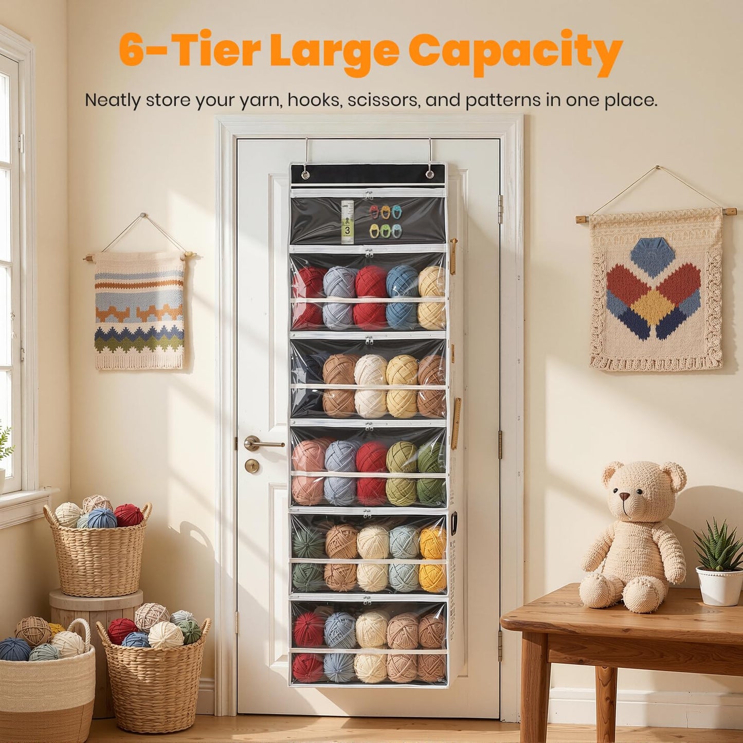 LASTORA Heavy-Duty Oxford Hanging Yarn Storage Organizer with 6 Tiers, Odorless Over the Door Yarn Holder for Crochet and Knitting Lovers, 5 Large Pockets + 1 Tool Section, Black