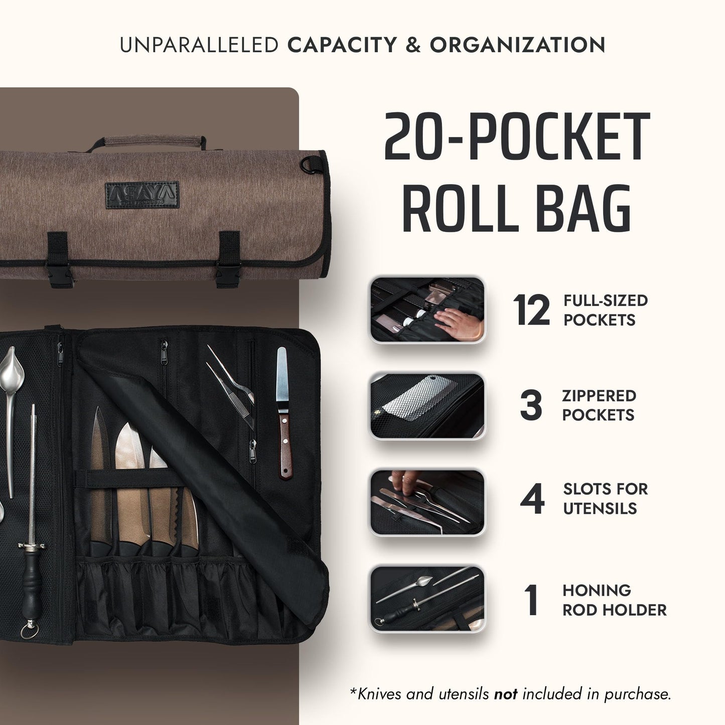 Asaya Waxed Nylon Chef Knife Roll Bag with 20 Slots and Zippered Pockets - Professional Chef Knife Bag & Storage Case, Tool Carrier with Shoulder Strap - Knives Not Included (Brown)