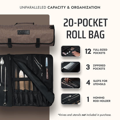 Asaya Waxed Nylon Chef Knife Roll Bag with 20 Slots and Zippered Pockets - Professional Chef Knife Bag & Storage Case, Tool Carrier with Shoulder Strap - Knives Not Included (Brown)