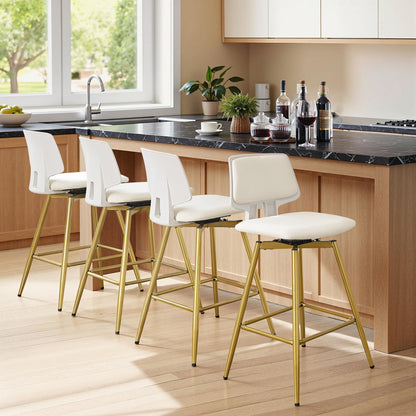 VECELO Swivel Upholstered Bar Stools Set of 4, Counter Height Barstools with Back, Metal Legs, 35.2-Inch Tall Barstools for Kitchen Island, Home Bar, Cafe, White