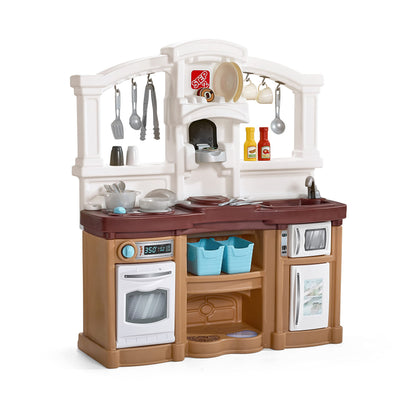 Step2 Fun with Friends Kids Kitchen Playset, Indoor/Outdoor Kitchenette, Interactive Play with Lights and Sounds, Durable Plastic, Includes 25 Piece Toy Accessories, Toddlers 2+ Years Old, Tan