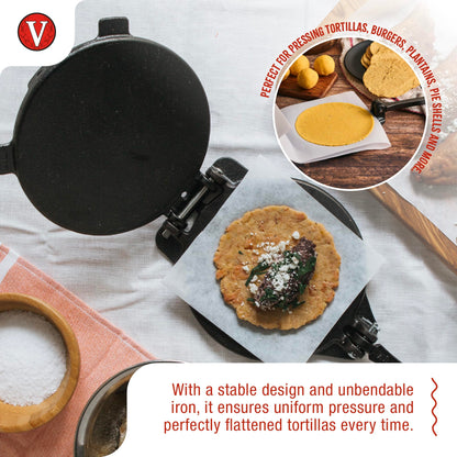 Victoria 8 Inches Cast Iron Tortilla Press, Roti Maker and Tortilladora, Pataconera Seasoned with Flaxseed Oil, Made in Colombia, Traditional Style, Black