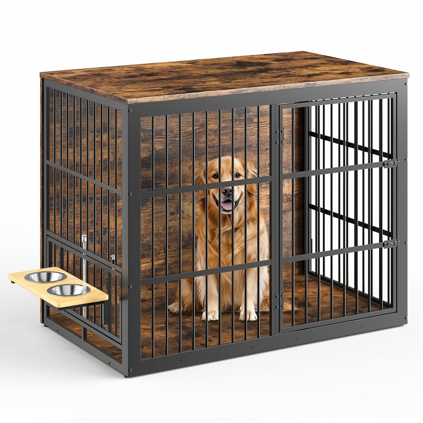 Lyromix 48'' XXL Dog Crate Furniture with Rotating Feeder, Large Wooden Crate End Table, Heavy Duty Indoor Kennel Cage for Medium to Large Dogs, Brown