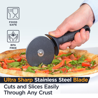 Deiss Lux Heavy Duty Pizza Cutter With Wheel Slicer- Stainless Steel Sharp Smooth Pizza Cutter Wheel With Easy Grip Non-Slip Handle, Dishwasher Safe (BLACK)
