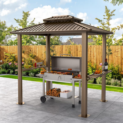 Hoteel 6x8 Hardtop Grill Gazebo, Outdoor Patio BBQ Gazebo with Galvanized Steel Double Roof, Hardtop Barbecue Canopy with 2 Side Shelves for Deck Lawn Backyard Garden,Brown