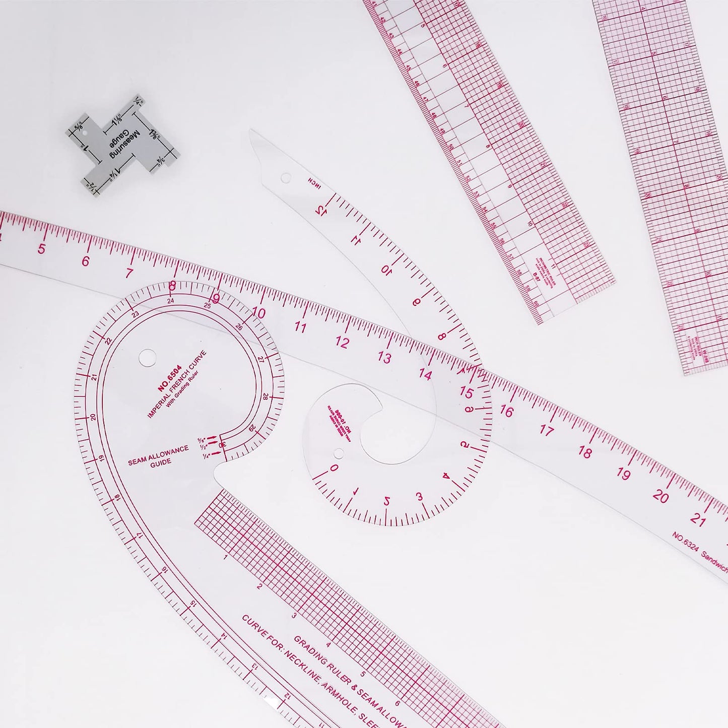 HLZC Imperial Sewing Ruler & French Curves for Pattern Making Drafting, Clear Plastic Fashion Designer Ruler Kit in Inches (6-Piece Set)