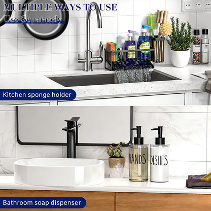 MASADI Kitchen Sink Caddy with Dish Soap Dispenser Set, 12OZ Glass Bottle, Hand and Dish Soap Dispenser Set, Non-Slip Silicone Pad, Brush Holder, Kitchen Sink Organizer Countertop (Black+Clear)
