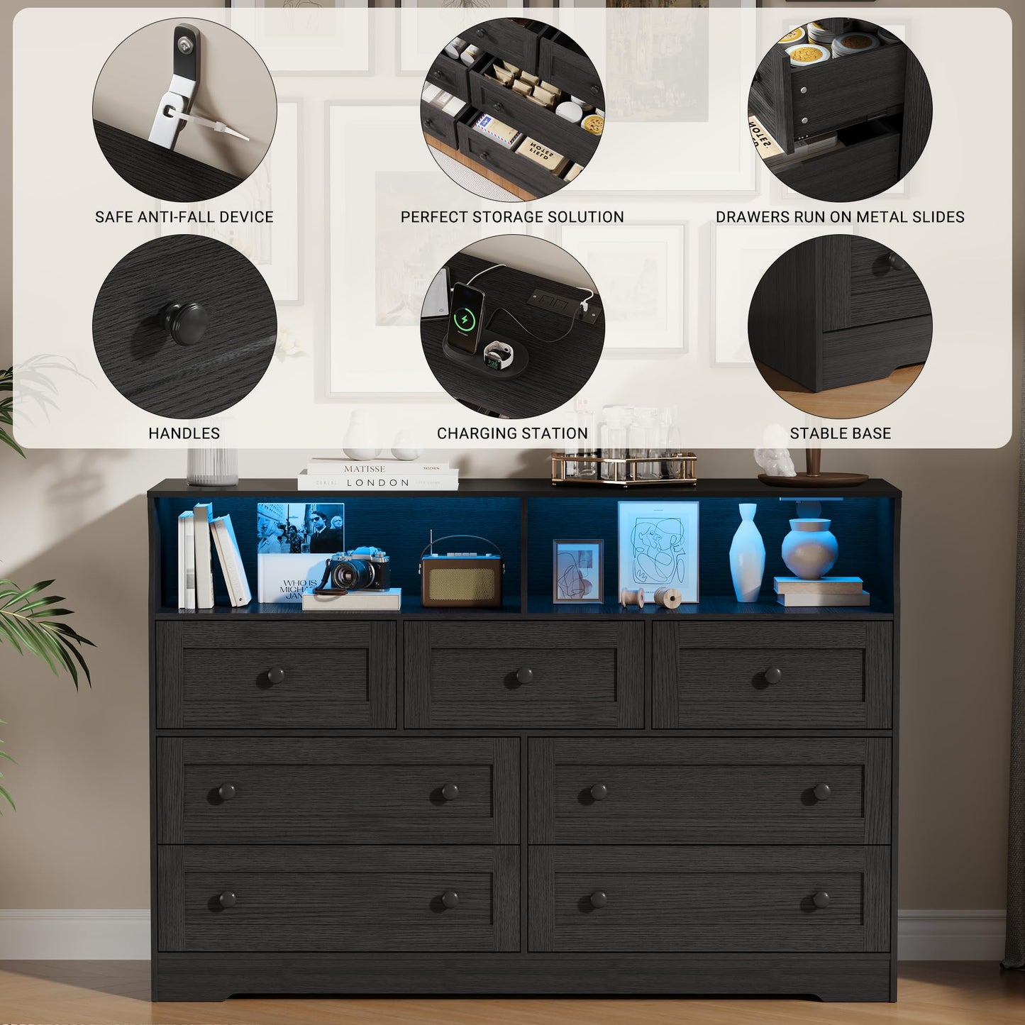 IDEALHOUSE Dresser for Bedroom with 7 Drawers, LED Lights & Charging Station, Wooden Chest with 2 Open Compartments, Freestanding Storage Organizer for Closet, Nursery, Entryway, Black