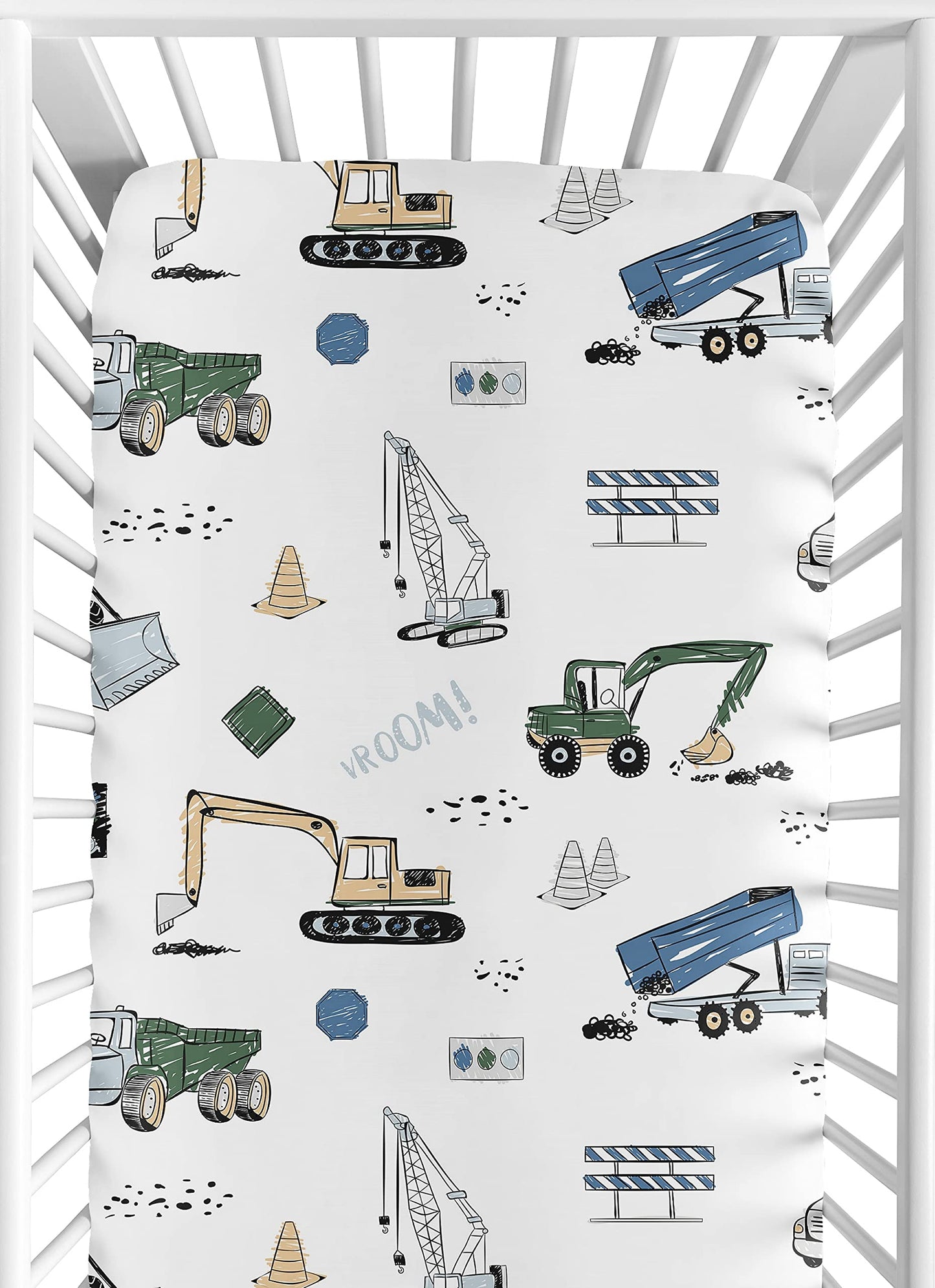 Sweet Jojo Designs Fitted Baby Crib Sheets (Green Construction Truck) for Boys, Infant Nursery, Toddler Room - Standard Size (Transportation, Bulldozer, Tractors, Cranes, Blue, Grey & Yellow, Trucks)