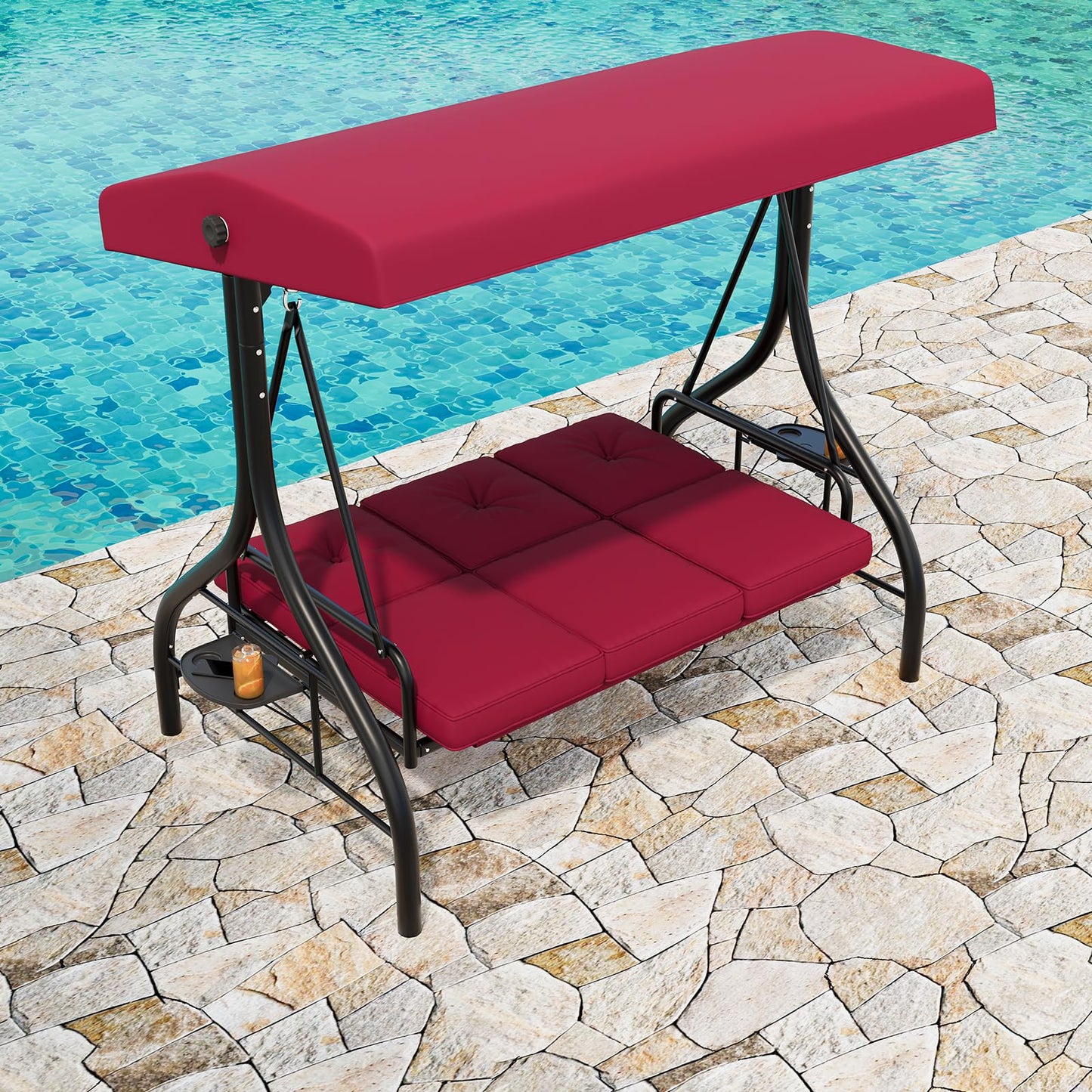 GarveeLife 3-Seat Outdoor Porch Swing with Adjustable Canopy, Convertible Patio Swing Bed with Stand, Thick Cushions & Cup Holders, Weather-Resistant for Backyard, Garden, Porch - Red