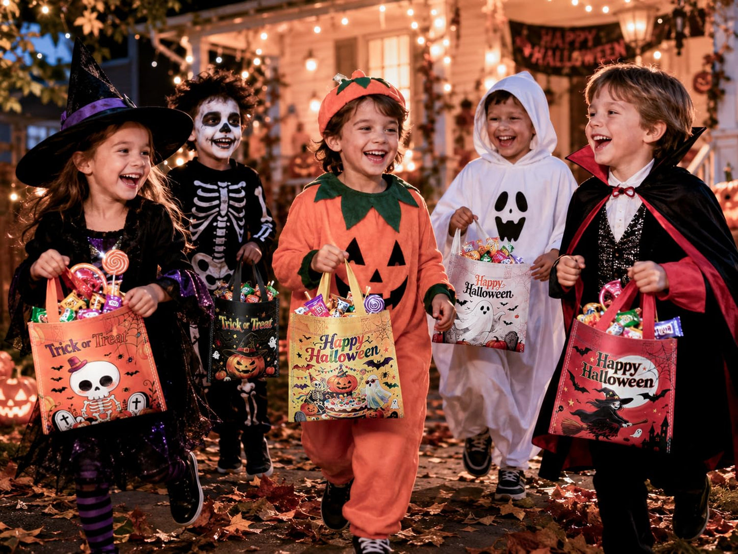 24Pcs Halloween Non-Woven Trick or Treat Candy Bags, Small 8.3×8.7 Inch Reusable Treat Gift Totes with Sturdy Handles, Cute Ghost Pumpkin Skeleton Witch Haunted House Prints for Kids Halloween Party Favor Supplies