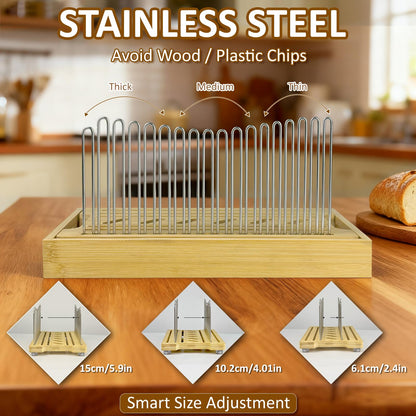 Bamboo Bread Slicer for Homemade Bread by Forest Manor - Adjustable Width Stainless Steel Slicing Guides & Crumb Tray -Sourdough Bread, Cakes, Loaves, Bagel Slicer - Kitchen Baking Tools & Gifts