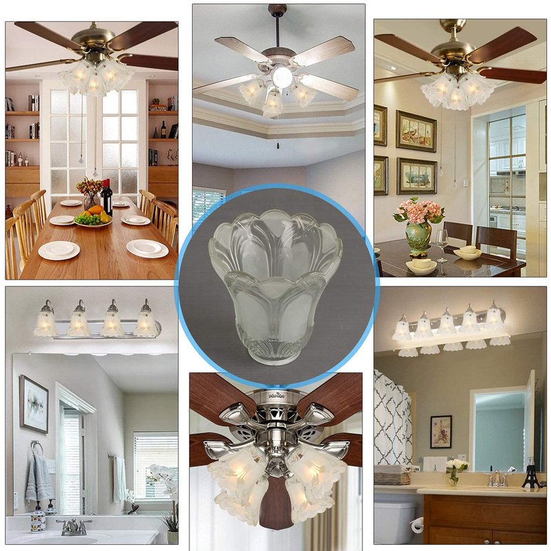 Anmire 2 Pack Clear Frosted Flower Glass Shade, Bell Shaped Light Fixture Replacement Globe or Cover with 2-1/8-Inch Fitter for Ceiling Fan Light Chandelier Wall Sconce, G0015