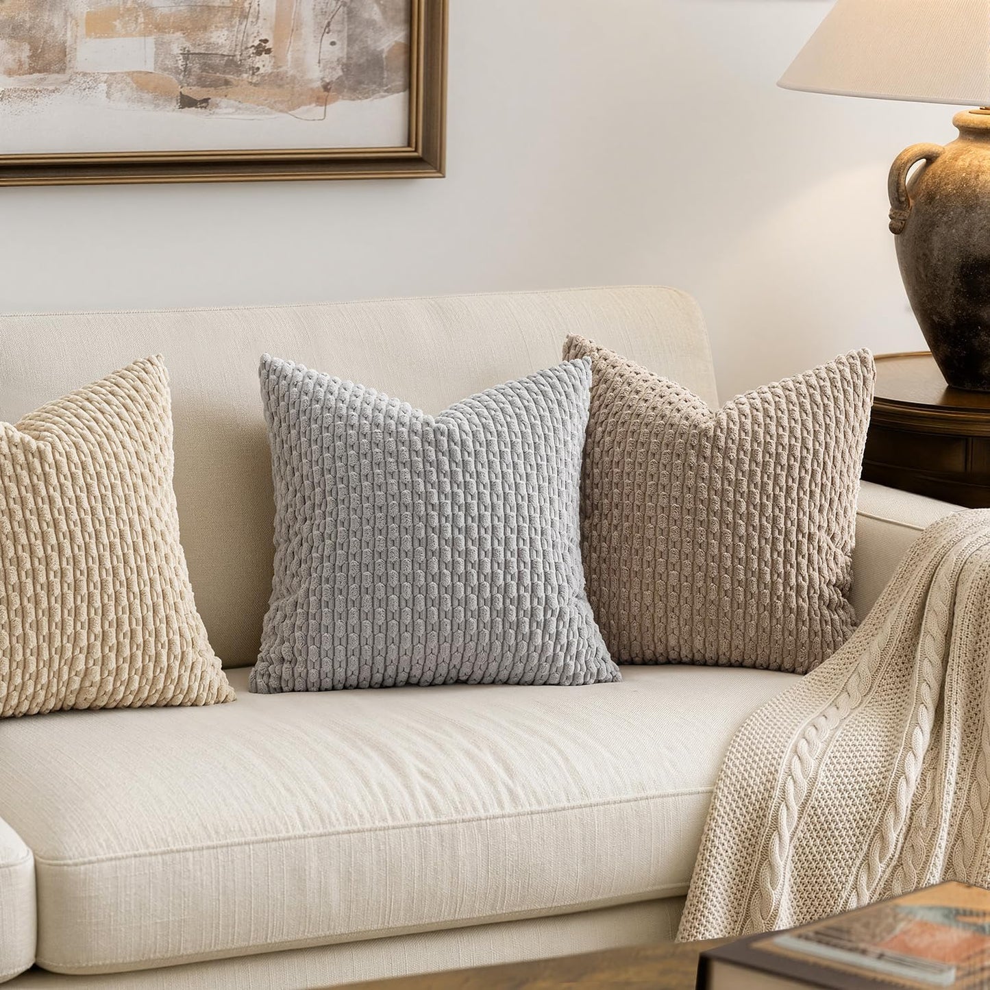 MIULEE Pack of 2 Decorative Throw Pillow Covers 18x18 Inch Soft Boho Striped Textured Corduroy Pillow Covers Modern Farmhouse Home Decor for Couch Bed Sofa Living Room Neutral Light Brown