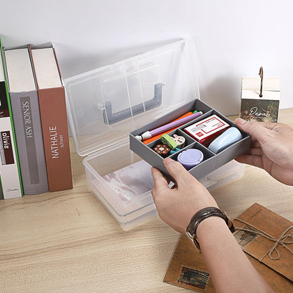 JUXYES Plastic Carry Storage Box with Removable Dividers, Clear Art Craft Supply Storage Bin Sewing Box With Handle Lid, 2 Layers Stationery Storage Case for School/Office Supplies