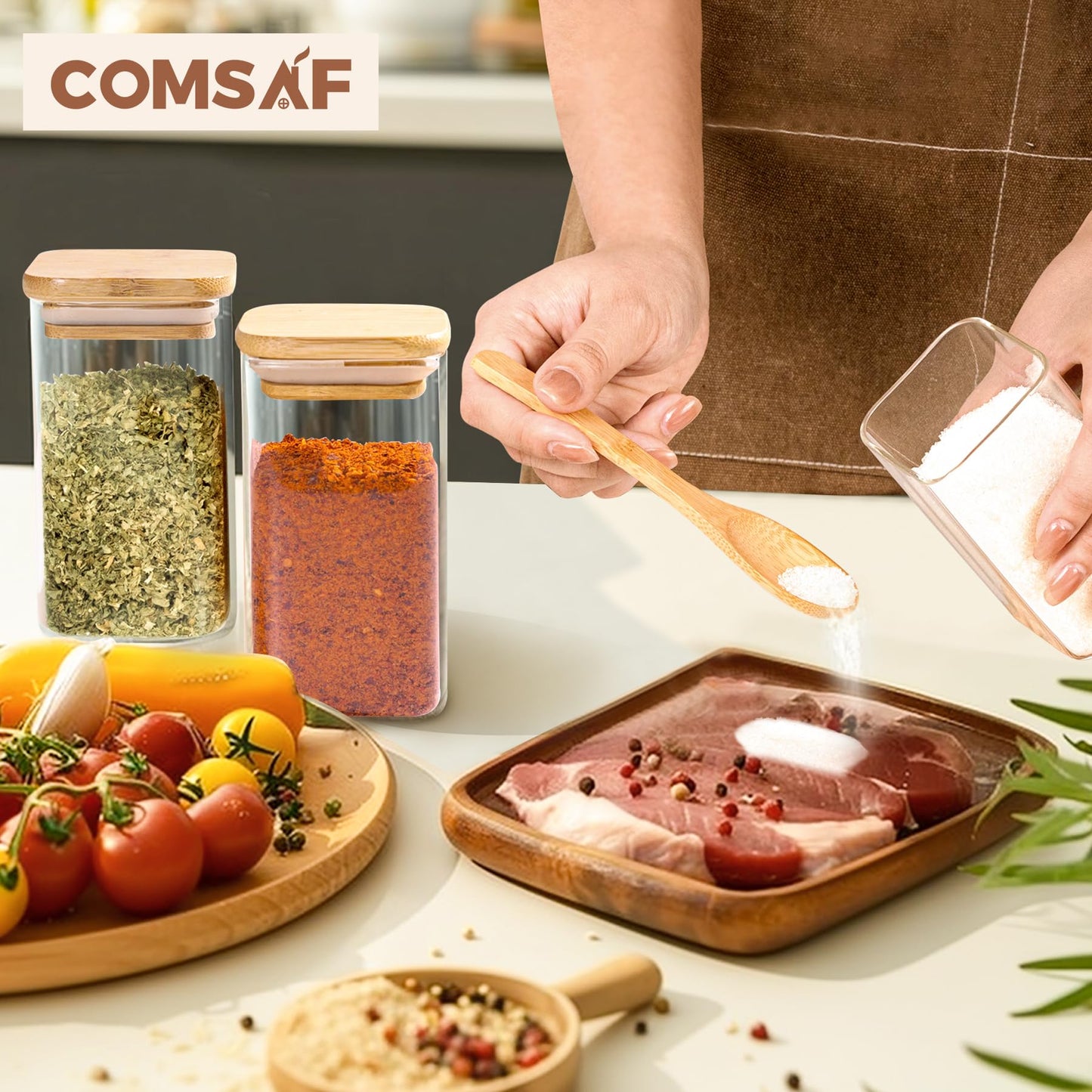 ComSaf 16Pcs Glass Spice Jars with Bamboo Lid, 4oz Airtight Square Spice Containers with 275 Black Lables, Empty Seasoning Jars for Spice Salt Sugar