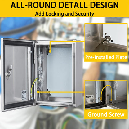 MJ-Box Steel Electrical Enclosure Box 12 x 8 x 6'' 304 Stainless Steel Electrical Enclosure IP66 Waterproof & Dustproof Outdoor/Indoor NEMA 4X Stainless Steel Enclosure