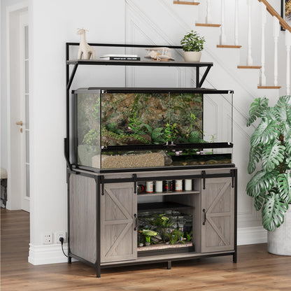 VOWNER Farmhouse Reptile Tank Stand with Power Outlet, 48" X 24" Tabletop Fits up to 120 Gallon Bearded Dragon Tank, Heavy Duty Aquarium Stand with Storage Cabinet, Reptile Turtle Terrarium Stand Grey