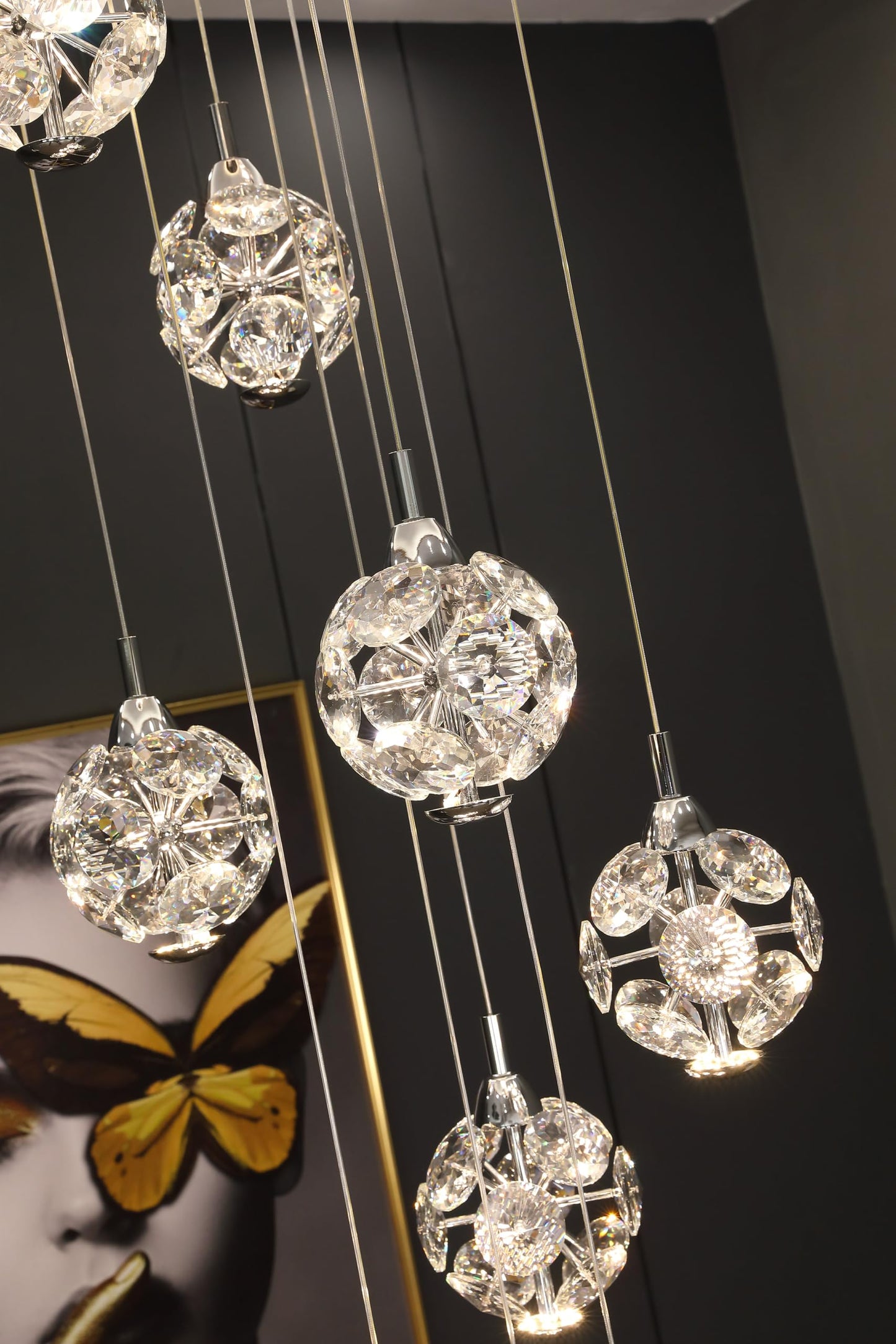 KAUCQI 10-Light High Ceilings Long Chandeliers Modern Crystal Staircase Chandelier Hanging Flush Mount Lighting Fixtures for Spiral Staircase,Foyer,Entryway