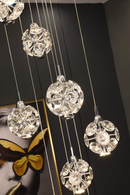 KAUCQI 10-Light High Ceilings Long Chandeliers Modern Crystal Staircase Chandelier Hanging Flush Mount Lighting Fixtures for Spiral Staircase,Foyer,Entryway