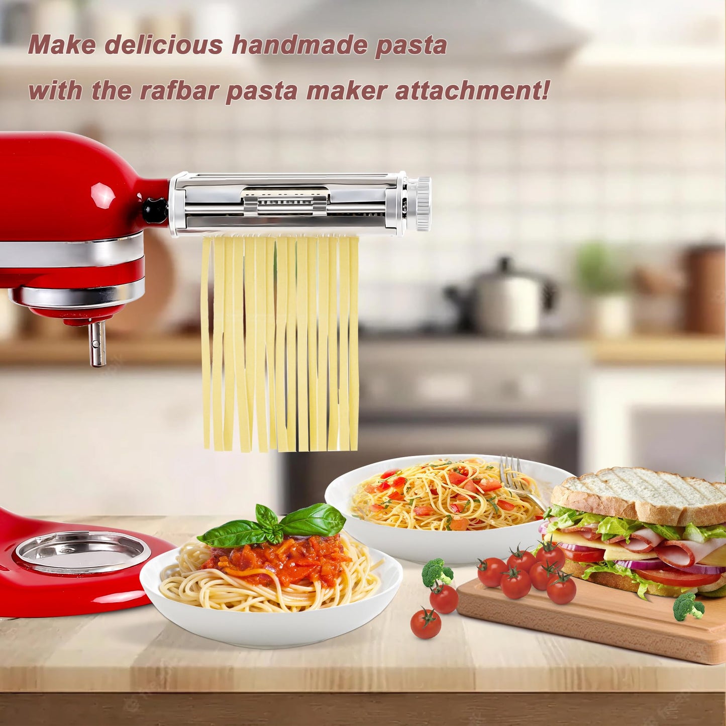 Pasta Maker Attachment for KitchenAid Stand Mixers, 3-in-1 Pasta Roller & Cutter Set with Spaghetti and Fettuccine Cutter Blades, Adjustable 8 Thickness Settings, Durable Metal Construction