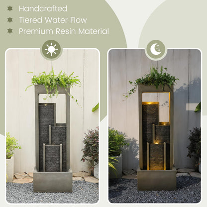 Takamota Indoor Waterfall Fountain, 52" Modern Tiered Indoor Water Feature with LED Lights, Resin Freestanding Garden Water Fountain for Patio, Room Decor Backyard Waterfall Feature, Gray Stone Look