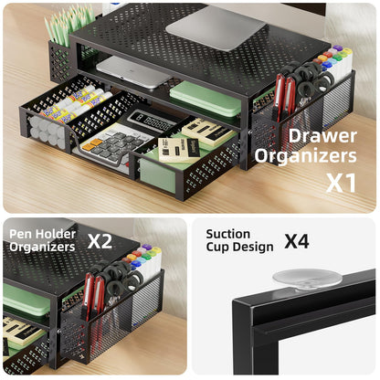 Simple Trending Desk Organizer and Accessories, 2 Tier Computer Metal Monitor Stand Riser with Drawer and Pen Holder for Laptop, Computer, iMac, Black