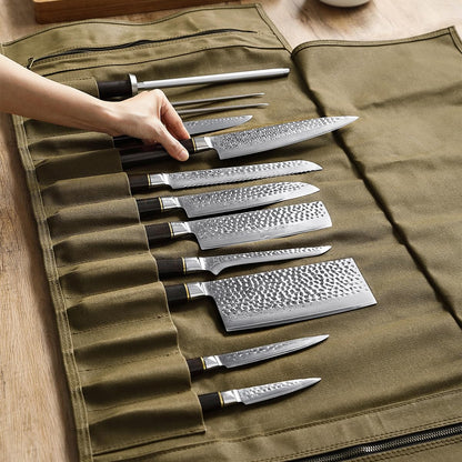 HEZHEN Chef Knife Roll Bag 16oz Oil Waxed Canvas, Heavy Duty Portable Backpack Knife Case Storage, 12 Slots & 2 Zipper Pockets, Detachable Adjustable Leather Shoulder Strap Belt（Not Included Knives）