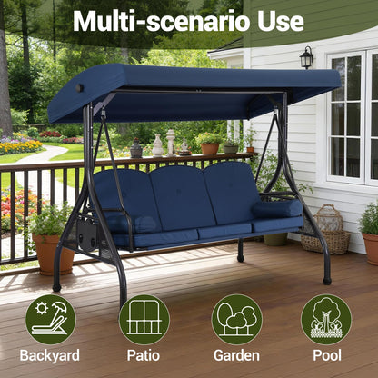 WINVO 2 in 1 Convertible Patio Swing Bed, 3-Seat Outdoor Porch Swing with Adjustable Canopy, Patio Glider Swing for Adult, with Cup Holder and Pillow for Backyard, Blue